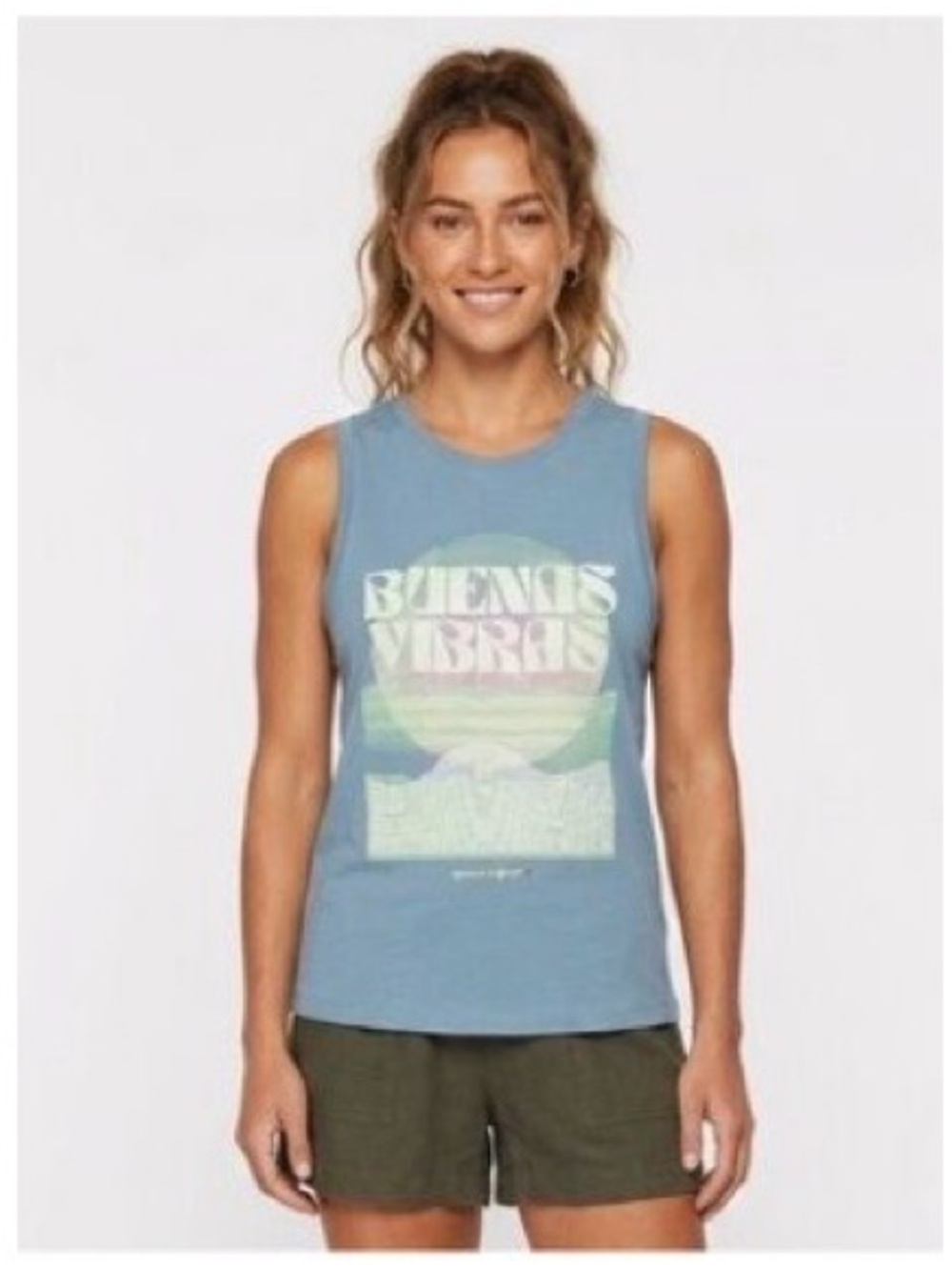 Spiritual Gangster blue muscle tank with pastel rainbow 'BUENAS VIBRAS' graphic